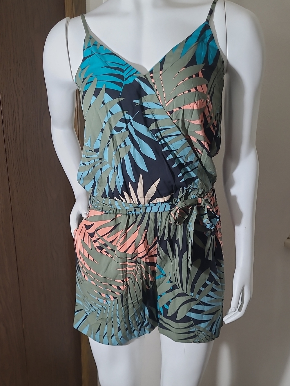 LOFT Tropical Leaf Print V-Neck Romper in Olive, Teal & Coral